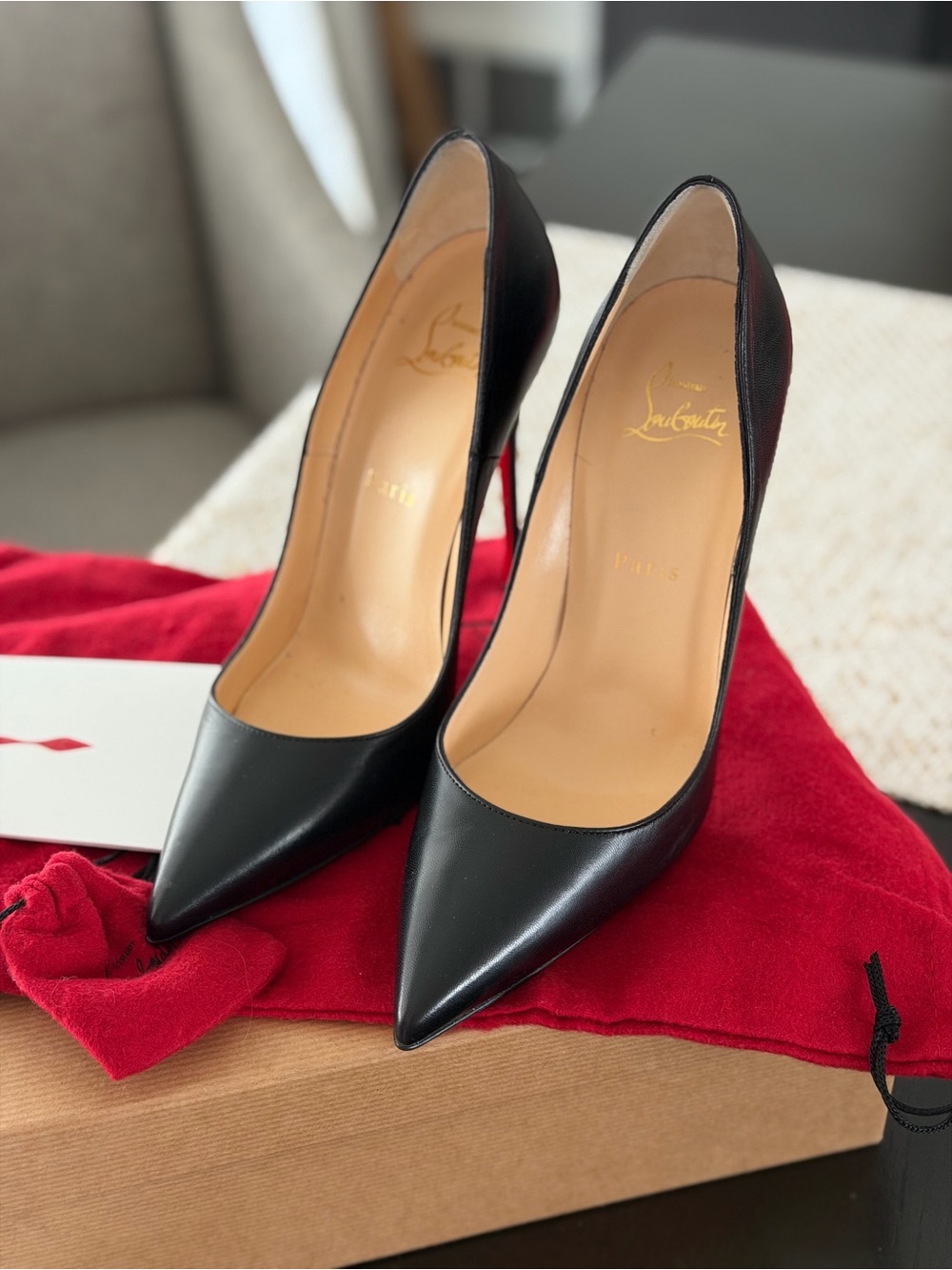 Christian Louboutin Black Leather Pointed-Toe Stilettos with Red Sole